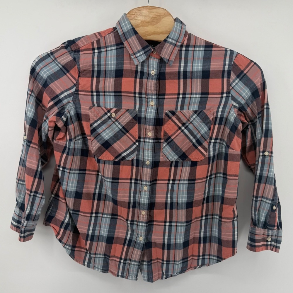Lauren Ralph Lauren Button Down Shirt Womens 1X Coral Plaid Long Sleeve Cotton